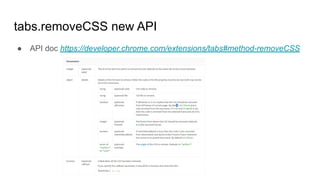tabs.removeCSS new API
● API doc https://developer.chrome.com/extensions/tabs#method-removeCSS
 