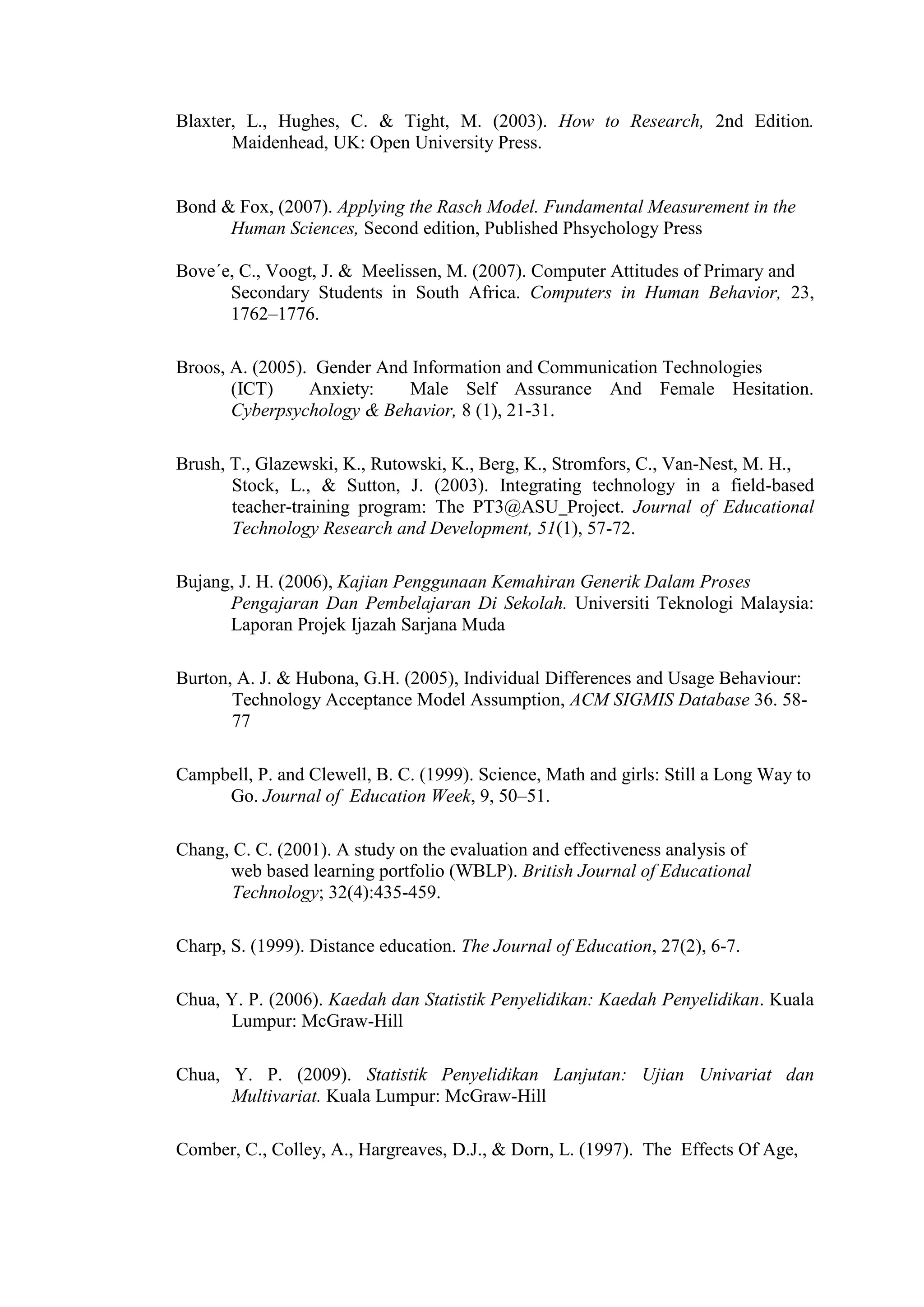 Blaxter, L., Hughes, C. & Tight, M. (2003). How to Research, 2nd Edition.
Maidenhead, UK: Open University Press.
Bond & Fox, (2007). Applying the Rasch Model. Fundamental Measurement in the
Human Sciences, Second edition, Published Phsychology Press
Bove´e, C., Voogt, J. & Meelissen, M. (2007). Computer Attitudes of Primary and
Secondary Students in South Africa. Computers in Human Behavior, 23,
1762–1776.
Broos, A. (2005). Gender And Information and Communication Technologies
(ICT) Anxiety: Male Self Assurance And Female Hesitation.
Cyberpsychology & Behavior, 8 (1), 21-31.
Brush, T., Glazewski, K., Rutowski, K., Berg, K., Stromfors, C., Van-Nest, M. H.,
Stock, L., & Sutton, J. (2003). Integrating technology in a field-based
teacher-training program: The PT3@ASU Project. Journal of Educational
Technology Research and Development, 51(1), 57-72.
Bujang, J. H. (2006), Kajian Penggunaan Kemahiran Generik Dalam Proses
Pengajaran Dan Pembelajaran Di Sekolah. Universiti Teknologi Malaysia:
Laporan Projek Ijazah Sarjana Muda
Burton, A. J. & Hubona, G.H. (2005), Individual Differences and Usage Behaviour:
Technology Acceptance Model Assumption, ACM SIGMIS Database 36. 58-
77
Campbell, P. and Clewell, B. C. (1999). Science, Math and girls: Still a Long Way to
Go. Journal of Education Week, 9, 50–51.
Chang, C. C. (2001). A study on the evaluation and effectiveness analysis of
web based learning portfolio (WBLP). British Journal of Educational
Technology; 32(4):435-459.
Charp, S. (1999). Distance education. The Journal of Education, 27(2), 6-7.
Chua, Y. P. (2006). Kaedah dan Statistik Penyelidikan: Kaedah Penyelidikan. Kuala
Lumpur: McGraw-Hill
Chua, Y. P. (2009). Statistik Penyelidikan Lanjutan: Ujian Univariat dan
Multivariat. Kuala Lumpur: McGraw-Hill
Comber, C., Colley, A., Hargreaves, D.J., & Dorn, L. (1997). The Effects Of Age,
 