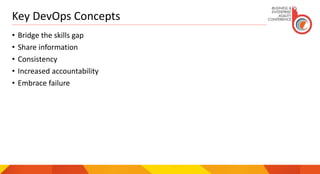 Key DevOps Concepts
• Bridge the skills gap
• Share information
• Consistency
• Increased accountability
• Embrace failure
 