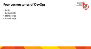 Four cornerstones of DevOps
• Agile
• Collaborate
• Standardize
• Automation
 