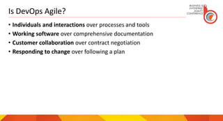 Is DevOps Agile?
• Individuals and interactions over processes and tools
• Working software over comprehensive documentation
• Customer collaboration over contract negotiation
• Responding to change over following a plan
 