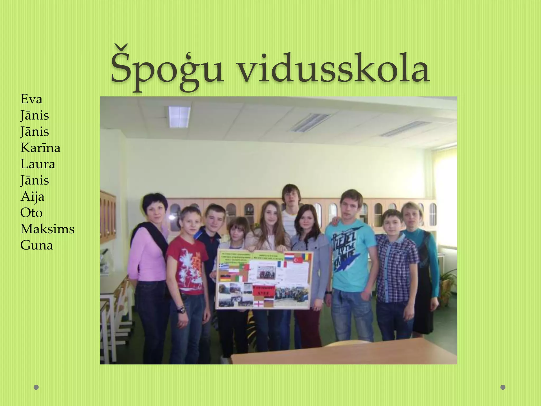 Špoģu vidusskola
Eva
Jānis
Jānis
Karīna
Laura
Jānis
Aija
Oto
Maksims
Guna
 