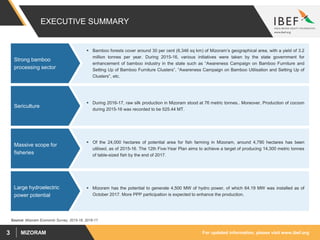 For updated information, please visit www.ibef.orgMIZORAM3
EXECUTIVE SUMMARY
 Bamboo forests cover around 30 per cent (6,346 sq km) of Mizoram’s geographical area, with a yield of 3.2
million tonnes per year. During 2015-16, various initiatives were taken by the state government for
enhancement of bamboo industry in the state such as “Awareness Campaign on Bamboo Furniture and
Setting Up of Bamboo Furniture Clusters”, “Awareness Campaign on Bamboo Utilisation and Setting Up of
Clusters”, etc.
Strong bamboo
processing sector
 During 2016-17, raw silk production in Mizoram stood at 76 metric tonnes.. Moreover, Production of cocoon
during 2015-16 was recorded to be 525.44 MT.
Sericulture
 Of the 24,000 hectares of potential area for fish farming in Mizoram, around 4,790 hectares has been
utilised, as of 2015-16. The 12th Five-Year Plan aims to achieve a target of producing 14,300 metric tonnes
of table-sized fish by the end of 2017.
Massive scope for
fisheries
 Mizoram has the potential to generate 4,500 MW of hydro power, of which 64.19 MW was installed as of
October 2017. More PPP participation is expected to enhance the production.
Large hydroelectric
power potential
Source: Mizoram Economic Survey, 2015-16, 2016-17
 