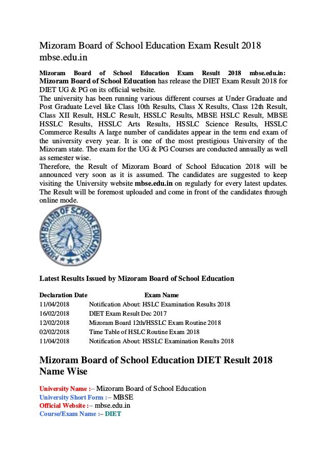 Mizoram Board Of School Education Exam Result 2018 Mbse