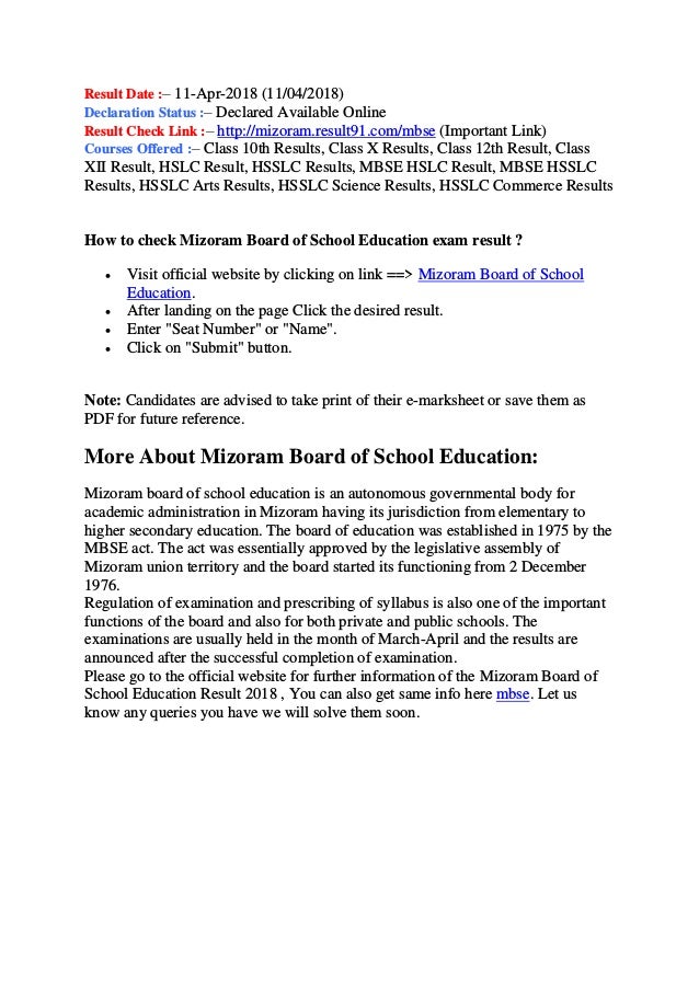 Mizoram Board Of School Education Exam Result 2018 Mbse