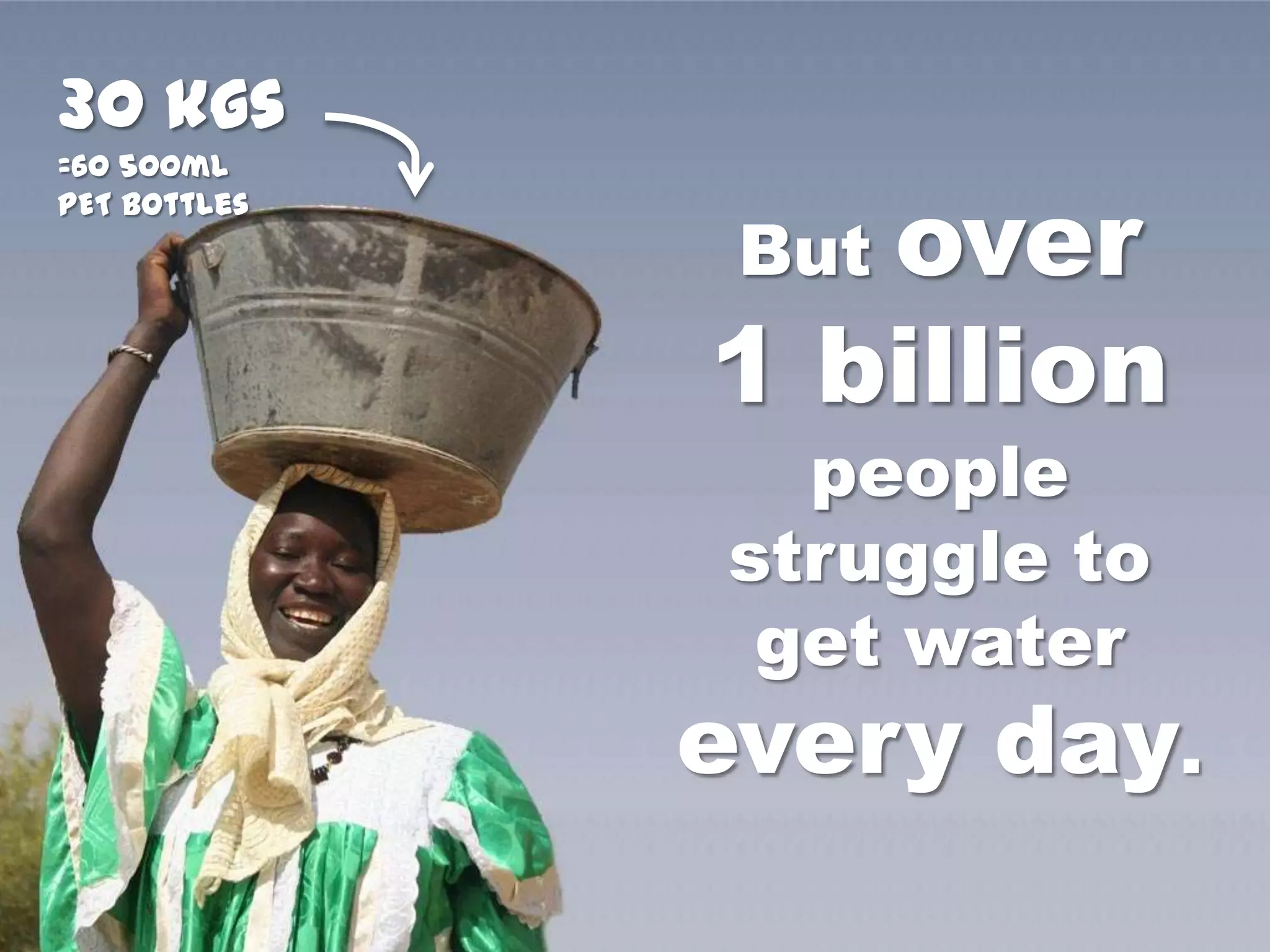 30 kgs
=60 500ml


                 over
PET bottles
               But
              1 billion
                people
              struggle to
               get water
              every day.
 