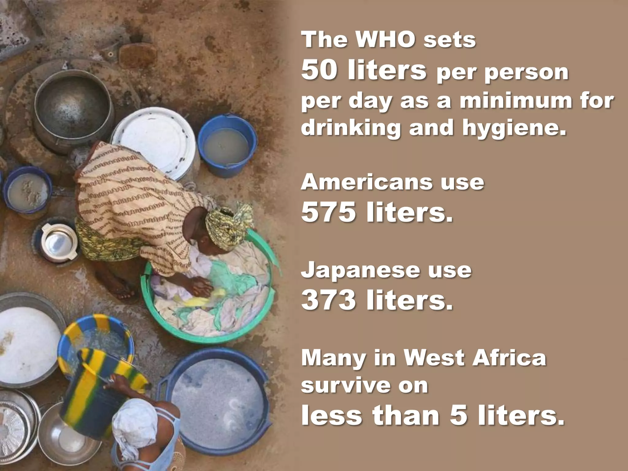 The WHO sets
50 liters per person
per day as a minimum for
drinking and hygiene.

Americans use
575 liters.
Japanese use
373 liters.
Many in West Africa
survive on
less than 5 liters.
 