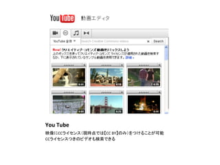 You	
  Tube	
映像にCCライセンス（現時点では【CC	
  BY】のみ）をつけることが可能	
  
CCライセンスつきのビデオも検索できる	
 