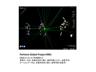 Perfume	
  Global	
  Project	
  #001	
【独自ライセンス（利用規約）】	
  
音源データは、非営利目的に限り、使用可能（ただし、改変不可）	
  
モーションデータは、非営利目的に限り、使用可能（改変可）	
  
	
 