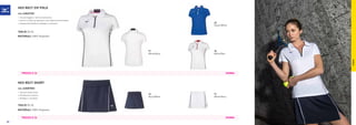 TENNIS
DONNA
DONNA
71
White/Navy
14
Navy/White
HEX RECT SKORT
COD. 62EB7002
»	Tessuto elasticizzato.
»	Pantaloncino interno.
»	Dettagli in contrasto.
TAGLIE XS-XL
HEX RECT ZIP POLO
COD. 62EA7201
»	Tessuto leggero, interlock poliestere.
»	Inserti in mesh per garantire una migliore performance.
»	Stampa Hex Runbird e dettagli in contrasto.
MATERIALI 100% Polyester
PREZZO E 26
PREZZO E 26
76
White/Red
22
Royal/White
71
White/Navy
MATERIALI 100% Polyester
TAGLIE XS-XL
84
 