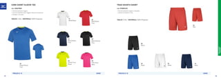 MULTISPORT
TRAINING
22
Royal/Yellow
Fluo
62
Red/Yellow
Fluo
44
Yellow Fluo/
Royal
64
Pink Fluo/
Navy
09
Black/Yellow
Fluo
14
Navy/Yellow
Fluo
71
White/Navy
PREZZO E 15 UOMO
CORE SHORT SLEEVE TEE
COD. 32EA7002
»	Interlock poliestere leggero.
»	Cucitura ergonomica per maggiore libertà di movimento.
»	Dettagli in contrasto.
TAGLIE S-XXL | MATERIALI 100% Polyester
62
Red
PREZZO E 10 UOMO
01
White
09
Black
14
Navy
22
Royal
TRAD SHUKYU SHORT
COD. P2EB7635
»	Interlock poliestere leggero e flessibile.
»	Cordino con elastico in vita.
TAGLIE S-XXL | MATERIALI 100% Polyester
94 95
 