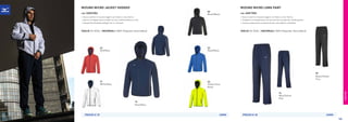 FREETIME
14
Navy/Navy
71
White/Navy
62
Red/Navy
UOMO
MIZUNO MICRO JACKET HOODED
COD. 32EE7002
»	Guscio esterno in tessuto leggero con fodera a rete interna.
»	Giacca con doppia tasca frontale con zip, coulisse elastica in vita.
»	Stampa Hex Runbirde dettagli fluo in contrasto.
TAGLIE XS-XXXL | MATERIALI 100% Polyester (microfibre)
09
Black/Black
44
Yellow Fluo/
Black
22
Royal/Navy
PREZZO E 39
MIZUNO MICRO LONG PANT
COD. 32EF7002
»	Guscio esterno in tessuto leggero con fodera a rete interna.
»	Pantalone con doppia tasca con zip frontale, zip laterale a fondo gamba.
»	Cucitura ergonomica sul ginocchio per una migliore vestibilità.
TAGLIE XS-XXXL | MATERIALI 100% Polyester (microfibre)
14
Navy/Yellow
Fluo
PREZZO E 30 UOMO
09
Black/Yellow
Fluo
105
 