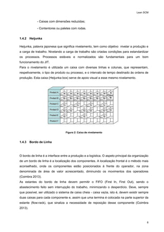 Lean SCM
8
- Caixas com dimensões reduzidas;
- Contentores ou paletes com rodas.
1.4.2 Heijunka
Heijunka, palavra japonesa que significa nivelamento, tem como objetivo nivelar a produção e
a carga de trabalho. Nivelando a carga de trabalho são criadas condições para estandardizar
os processos. Processos estáveis e normalizados são fundamentais para um bom
funcionamento do JIT.
Para o nivelamento é utilizada um caixa com diversas linhas e colunas, que representam,
respetivamente, o tipo de produto ou processo, e o intervalo de tempo destinado às ordens de
produção. Esta caixa (Heijunka box) serve de apoio visual a esse mesmo nivelamento.
Figura 2: Caixa de nivelamento
1.4.3 Bordo de Linha
O bordo de linha é a interface entre a produção e a logística. O aspeto principal da organização
de um bordo de linha é a localização dos componentes. A localização frontal é o método mais
aconselhado, onde os componentes estão posicionados à frente do operador, na zona
denominada de área de valor acrescentado, diminuindo os movimentos dos operadores
(Coimbra 2013).
As estantes do bordo de linha devem permitir o FIFO (First In, First Out), sendo o
abastecimento feito sem interrupção do trabalho, minimizando o desperdício. Deve, sempre
que possível, ser utilizado o sistema de caixa cheia - caixa vazia, isto é, devem existir sempre
duas caixas para cada componente e, assim que uma termina é colocada na parte superior da
estante (flow-rack), que sinaliza a necessidade de reposição desse componente (Coimbra
2013).
 