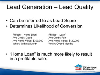 Lead Generation – Lead Quality Can be referred to as Lead Score Determines Likelihood of Conversion “Home Loan” is much more likely to result in a profitable sale. Phrase - “Home Loan” Ave Credit: Good Ave Home Value: $300,000 When: Within a Month Phrase - “Loan” Ave Credit: Fair Ave Home Value: $120,000 When: Over 6 Months 
