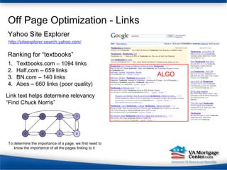 Off Page Optimization - Links Textbooks.com – 1094 links Half.com – 659 links BN.com – 140 links Abes – 660 links (poor quality) Yahoo Site Explorer http://siteexplorer.search.yahoo.com/ Ranking for “textbooks” Link text helps determine relevancy “Find Chuck Norris” To determine the importance of a page, we first need to know the importance of all the pages linking to it  