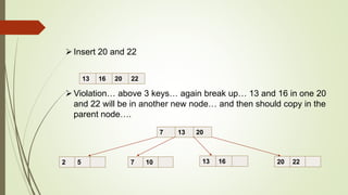 Insert 20 and 22
Violation… above 3 keys… again break up… 13 and 16 in one 20
and 22 will be in another new node… and then should copy in the
parent node….
13 16 20 22
2 5 7 10 13 16 20 22
7 13 20
 
