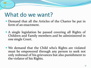 Mission
Justice
What do we want?
 Demand that all the Articles of the Charter be put in
form of an enactment.
 A single ...