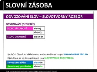 dlouhán
dlouh|ý
SLOVO ODVOZENÉ dlouh-án
Slovotvorný prostředek
SLOVO ZÁKLADOVÉ dlouhý
dlouhán
Slovotvorný základ
SLOVA JEDNOZNAČNÁ – MNOHOZNAČNÁ
SLOVNÍ ZÁSOBA
© Mgr. Veronika Krejčí, Katedra českého jazyka a literatury Pedagogické fakulty Univerzity Palackého v Olomouci
ODVOZOVÁNÍ SLOV – SLOVOTVORNÝ ROZBOR
ODVOZOVÁNÍ (DERIVACE)
Společná část slova základového a odvozeného se nazývá SLOVOTVORNÝ ZÁKLAD.
Části, které se ke slovu přidávají, jsou SLOVOTVORNÉ PROSTŘEDKY.
 