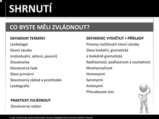 SLOVA JEDNOZNAČNÁ – MNOHOZNAČNÁ
SHRNUTÍ
CO BYSTE MĚLI ZVLÁDNOUT?
DEFINOVAT TERMÍNY
Lexikologie
Slovní zásoba
(individuální, aktivní, pasivní)
Slovotvorba
Slovotvorná řada
Slovo primární
Slovotvorný základ a prostředek
Lexikografie
© Mgr. Veronika Krejčí, Katedra českého jazyka a literatury Pedagogické fakulty Univerzity Palackého v Olomouci
DEFINOVAT, VYSVĚTLIT + PŘÍKLADY
Procesy rozšiřování slovní zásoby
Slova lexikální, gramatická
a lexikálně-gramatická
Nadřazenost, podřazenost a souřadnost
Mnohoznačnost
Homonymii
Synonymii
Antonymii
Příznakovost slov
PRAKTICKY ZVLÁDNOUT
Slovotvorný rozbor
 