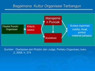 Bagaimana Kultur Organisasi Terbangun
Manajeme
n Puncak
Filsafat Pendiri
Organisasi
Kriteria
seleksi
Budaya organisasi
(cerita, ritual,
simbol
material,bahasa)
Sumber: Diadaptasi dari Robbin dan Judge, Perlaku Organisasi, buku
2, 2008. h. 274
Sosialisasi
 
