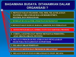 BAGAIMANA BUDAYA DITANAMKAN DALAM
ORGANISASI ?
1. MENGGUNAKAN FILOSOFI, VISI, MISI, NILAI-NILAI DAN
MATERIAL ORGANISASI DALAM REKRUITMEN,
SELEKSI, DAN SOSIALISASI.
2. MENDESAIN RUANG KANTOR, LINGKUNGAN DAN BANGUNAN
3. MENGGUNAKAN SLOGAN, BAHASA, AKRONIM, DAN PERKATAAN
4. SISTEM PENGHARGAAN, SIMBOL STATUS DAN KRITERIA PROMOSI
5. CERITA, LEGENDA DAN MITOS MENGENAI PERISTIWA
ATAU ORANG-ORANG PENTING
6. MELALUI PROGRAM PELATIHAN DAN PENGAJARAN
OLEH PARA MANAJER DAN SUPERVISOR
7. TELADAN SIKAP PIMPINAN
8. MELALUI SISTEM DAN PROSEDUR ORGANISASI
9. MELALUI TUJUAN-TUJUAN ORGANISASI YG INGIN DICAPAI.
 