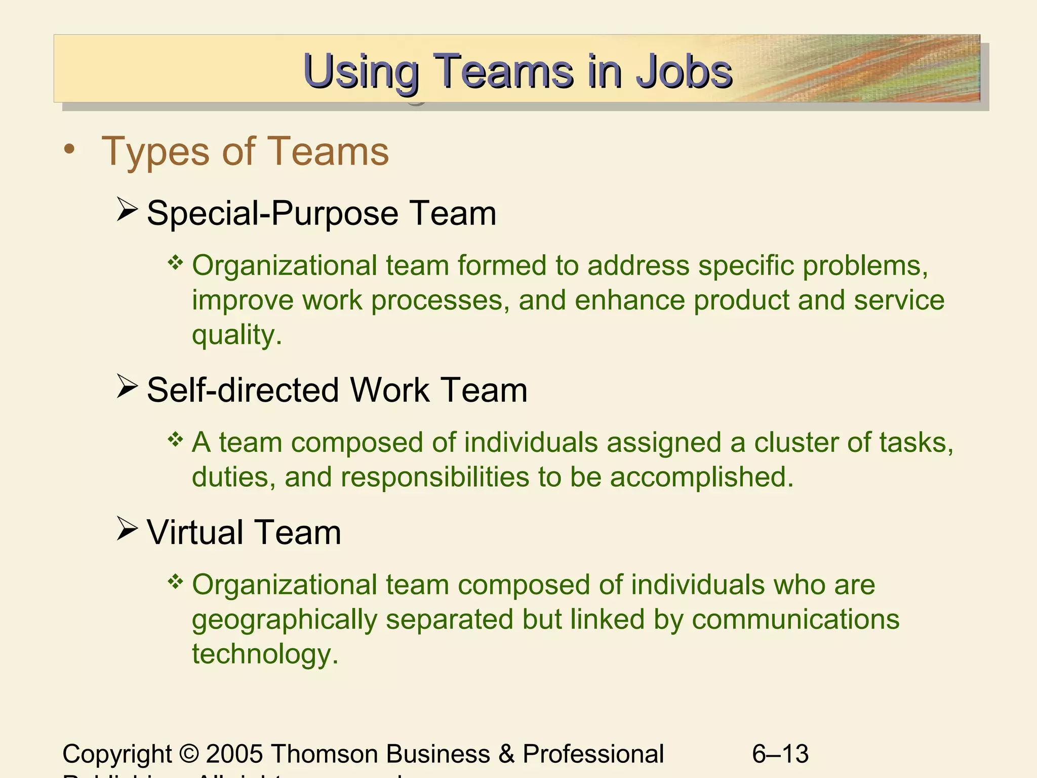 Copyright © 2005 Thomson Business & Professional 6–13
Using Teams in JobsUsing Teams in JobsUsing Teams in JobsUsing Teams in Jobs
• Types of Teams
Special-Purpose Team
 Organizational team formed to address specific problems,
improve work processes, and enhance product and service
quality.
Self-directed Work Team
 A team composed of individuals assigned a cluster of tasks,
duties, and responsibilities to be accomplished.
Virtual Team
 Organizational team composed of individuals who are
geographically separated but linked by communications
technology.
 