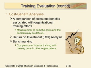Copyright © 2005 Thomson Business & Professional 9–32
Training Evaluation (cont’d)Training Evaluation (cont’d)Training Evaluation (cont’d)Training Evaluation (cont’d)
• Cost-Benefit Analyses
A comparison of costs and benefits
associated with organizational
training efforts
 Measurement of both the costs and the
benefits may be difficult.
Return on Investment (ROI) Analysis
Benchmarking
 Comparison of internal training with
training done in other organizations
 