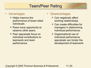 Copyright © 2005 Thomson Business & Professional 11–20
Team/Peer RatingTeam/Peer RatingTeam/Peer RatingTeam/Peer Rating
• Advantages
 Helps improve the
performance of lower-rated
individuals
 Peers have opportunity to
observe other peers.
 Peer appraisals focus on
individual contributions to
teamwork and team
performance.
• Disadvantages
 Can negatively affect
working relationships.
 Can create difficulties for
managers in determining
individual performance.
 Organizational use of
individual performance
appraisals can hinder the
development of teamwork
 