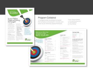 Program Collateral
                                          Project Responsibilities:
A 4-page booklet developed to explain
                                          l Concept Development
the companys ad evaluation process and   l Layout Design
serve as an interactive assessment tool   l Copy Editing
 