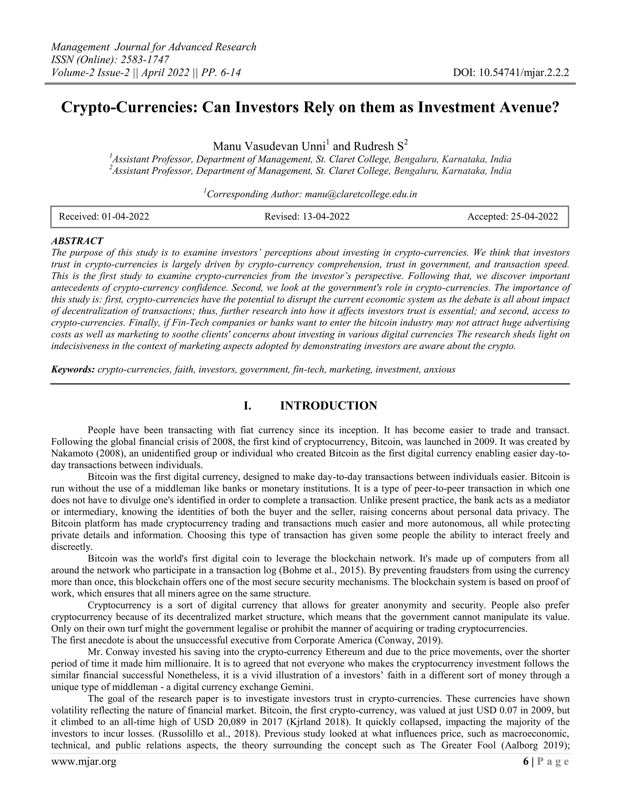 Crypto-Currencies: Can Investors Rely on them as Investment Avenue? | PDF