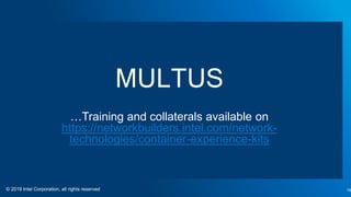 © 2019 Intel Corporation, all rights reserved
MULTUS
…Training and collaterals available on
https://networkbuilders.intel.com/network-
technologies/container-experience-kits
19
 