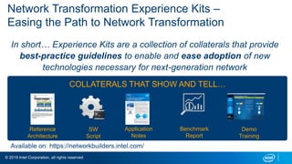© 2019 Intel Corporation, all rights reserved
Network Transformation Experience Kits –
Easing the Path to Network Transformation
In short… Experience Kits are a collection of collaterals that provide
best-practice guidelines to enable and ease adoption of new
technologies necessary for next-generation network
Reference
Architecture
Application
Notes
SW
Script
Benchmark
Report
Demo
Training
Available on: https://networkbuilders.intel.com/
COLLATERALS THAT SHOW AND TELL…
 
