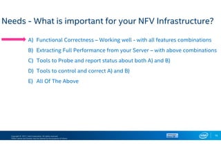 Copyright © 2017, Intel Corporation. All rights reserved.
*Other names and brands may be claimed as the property of others.
16
Needs - What is important for your NFV Infrastructure?
A) Functional Correctness – Working well - with all features combinations
B) Extracting Full Performance from your Server – with above combinations
C) Tools to Probe and report status about both A) and B)
D) Tools to control and correct A) and B)
E) All Of The Above
 