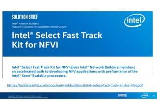 Copyright © 2017, Intel Corporation. All rights reserved.
*Other names and brands may be claimed as the property of others.
23
https://builders.intel.com/docs/networkbuilders/intel-select-fast-track-kit-for-nfvi.pdf
 