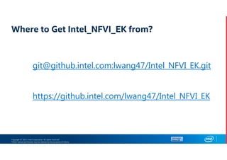 Copyright © 2017, Intel Corporation. All rights reserved.
*Other names and brands may be claimed as the property of others.
Where to Get Intel_NFVI_EK from?
git@github.intel.com:lwang47/Intel_NFVI_EK.git
https://github.intel.com/lwang47/Intel_NFVI_EK
 