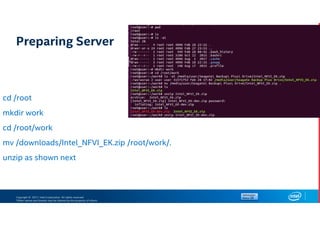 Copyright © 2017, Intel Corporation. All rights reserved.
*Other names and brands may be claimed as the property of others.
Preparing Server
cd /root
mkdir work
cd /root/work
mv /downloads/Intel_NFVI_EK.zip /root/work/.
unzip as shown next
 