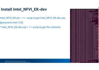 Copyright © 2017, Intel Corporation. All rights reserved.
*Other names and brands may be claimed as the property of others.
Install Intel_NFVI_EK-dev
Intel_NFVI_EK.zip = => unzip to get Intel_NFVI_EK-dev.zip
[password intel.123]
* Intel_NFVI_EK-dev.zip = => unzip to get the contents
 
