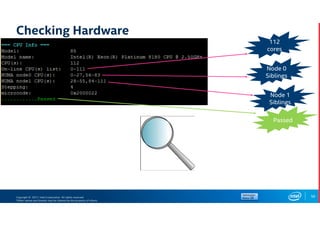Copyright © 2017, Intel Corporation. All rights reserved.
*Other names and brands may be claimed as the property of others.
Checking Hardware
56
112
cores
Node 0
Siblings
Node 1
Siblings
Passed
 