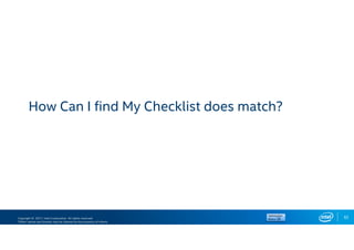 Copyright © 2017, Intel Corporation. All rights reserved.
*Other names and brands may be claimed as the property of others.
62
How Can I find My Checklist does match?
 