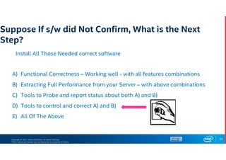 Copyright © 2017, Intel Corporation. All rights reserved.
*Other names and brands may be claimed as the property of others.
Suppose If s/w did Not Confirm, What is the Next
Step?
Install All Those Needed correct software
64
A) Functional Correctness – Working well - with all features combinations
B) Extracting Full Performance from your Server – with above combinations
C) Tools to Probe and report status about both A) and B)
D) Tools to control and correct A) and B)
E) All Of The Above
 