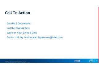 Copyright © 2017, Intel Corporation. All rights reserved.
*Other names and brands may be claimed as the property of others.
Call To Action
Get the 2 Documents
List the Gives & Gets
Work on Your Gives & Gets
Contact M Jay Muthurajan.Jayakumar@intel.com
90
 