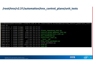 Copyright © 2017, Intel Corporation. All rights reserved.
*Other names and brands may be claimed as the property of others.
95
/root/trex/v2.31/automation/trex_control_plane/unit_tests
 