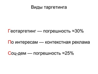 Виды таргетинга




Геотаргетинг — погрешность ≈30%

По интересам — контекстная реклама

Соц-дем — погрешность ≈25%
 