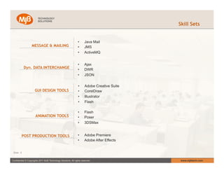Skill Sets


                                                                •      Java Mail
                   MESSAGE & MAILING                            •      JMS
                                                                •      ActiveMQ


                                                                •      Ajax
             Dyn. DATA INTERCHANGE                              •      DWR
                                                                •      JSON


                                                                •      Adobe Creative Suite
                      GUI DESIGN TOOLS                          •      CorelDraw
                                                                •      Illustrator
                                                                •      Flash

                                                                •      Flash
                      ANIMATION TOOLS                           •      Poser
                                                                •      3DSMax


         POST PRODUCTION TOOLS                                  •      Adobe Premiere
                                                                •      Adobe After Effects


 Slide : 5


Confidential © Copyrights 2011 MJB Technology Solutions. All rights reserved.                  www.mjbtech.com
 
