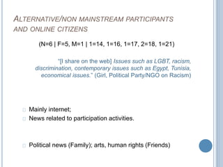 ALTERNATIVE/NON MAINSTREAM PARTICIPANTS 
AND ONLINE CITIZENS 
(N=6 | F=5, M=1 | 1=14, 1=16, 1=17, 2=18, 1=21) 
“[I share on the web] Issues such as LGBT, racism, 
discrimination, contemporary issues such as Egypt, Tunisia, 
economical issues.” (Girl, Political Party/NGO on Racism) 
Mainly internet; 
News related to participation activities. 
Political news (Family); arts, human rights (Friends) 
 