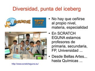 Diversidad, punta del iceberg
                              ●   No hay que ceñirse
                                  al propio nivel,
                                  materia, especialidad
                              ●   En SCRATCH
                                  EGUNA estamos
                                  profesores de
                                  primaria, secundaria,
                                  FP, Universidad ...
                              ●   Desde Bellas Artes...
                                  hasta Químicas ...
http://www.scratcheguna.eu/
 