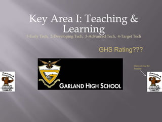 Key Area I: Teaching &
       Learning
1-Early Tech, 2-Developing Tech, 3-Advanced Tech, 4-Target Tech


                                       GHS Rating???

                                                           Click on Owl for
                                                           Answer
 