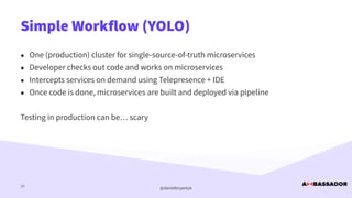 @danielbryantuk
Simple Workflow (YOLO)
27
• One (production) cluster for single-source-of-truth microservices


• Developer checks out code and works on microservices


• Intercepts services on demand using Telepresence + IDE


• Once code is done, microservices are built and deployed via pipeline


Testing in production can be… scary
 