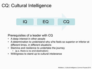 CQ: Cultural Intelligence
IQ EQ CQ
Middleton, J Cultural Intelligence. Common Purpose 2014
Prerequisites of a leader with CQ
• A deep interest in other people
• A determination to understand why s/he feels so superior or inferior at
different times, in different situations
• Stamina and resilience to undertake the journey
• (p.s. there is no end destination)
• Willingness to stand up to cultural intolerance
 