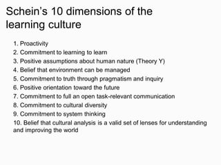 Schein’s 10 dimensions of the
learning culture
1. Proactivity
2. Commitment to learning to learn
3. Positive assumptions about human nature (Theory Y)
4. Belief that environment can be managed
5. Commitment to truth through pragmatism and inquiry
6. Positive orientation toward the future
7. Commitment to full an open task-relevant communication
8. Commitment to cultural diversity
9. Commitment to system thinking
10. Belief that cultural analysis is a valid set of lenses for understanding
and improving the world
 